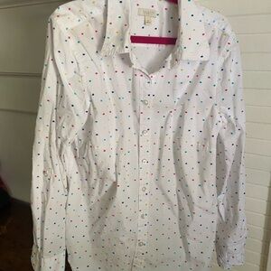 Talbots White Button down Work Shirt with Multicolor Dots - Petite S